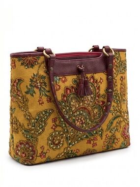 Rare Vtg Isabella Fiore Large Beaded Sequin Mustard Paisley Tote